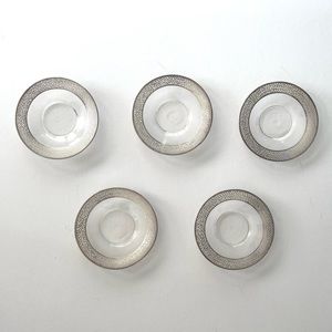 Five Vintage Clear Glass Sterling Silver Lace Overlay Bread Plates